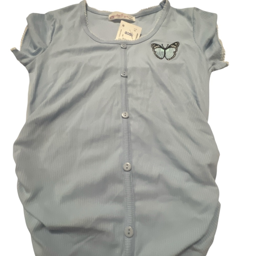 Light Blue Button Down Kids Shirt with Butterfly Embroidery